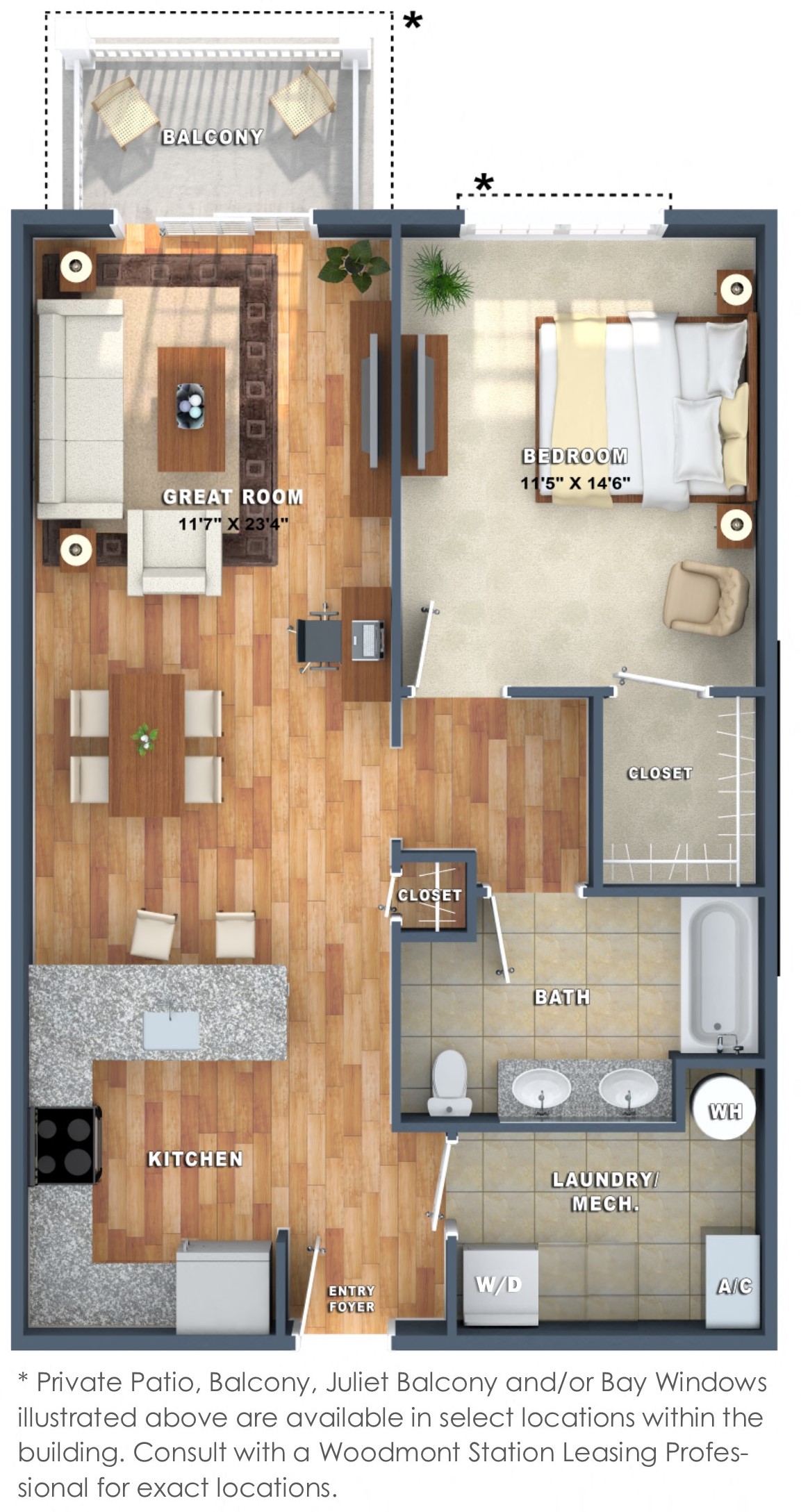 Floor plan for 1 bed, 1 bath, 860 sqft